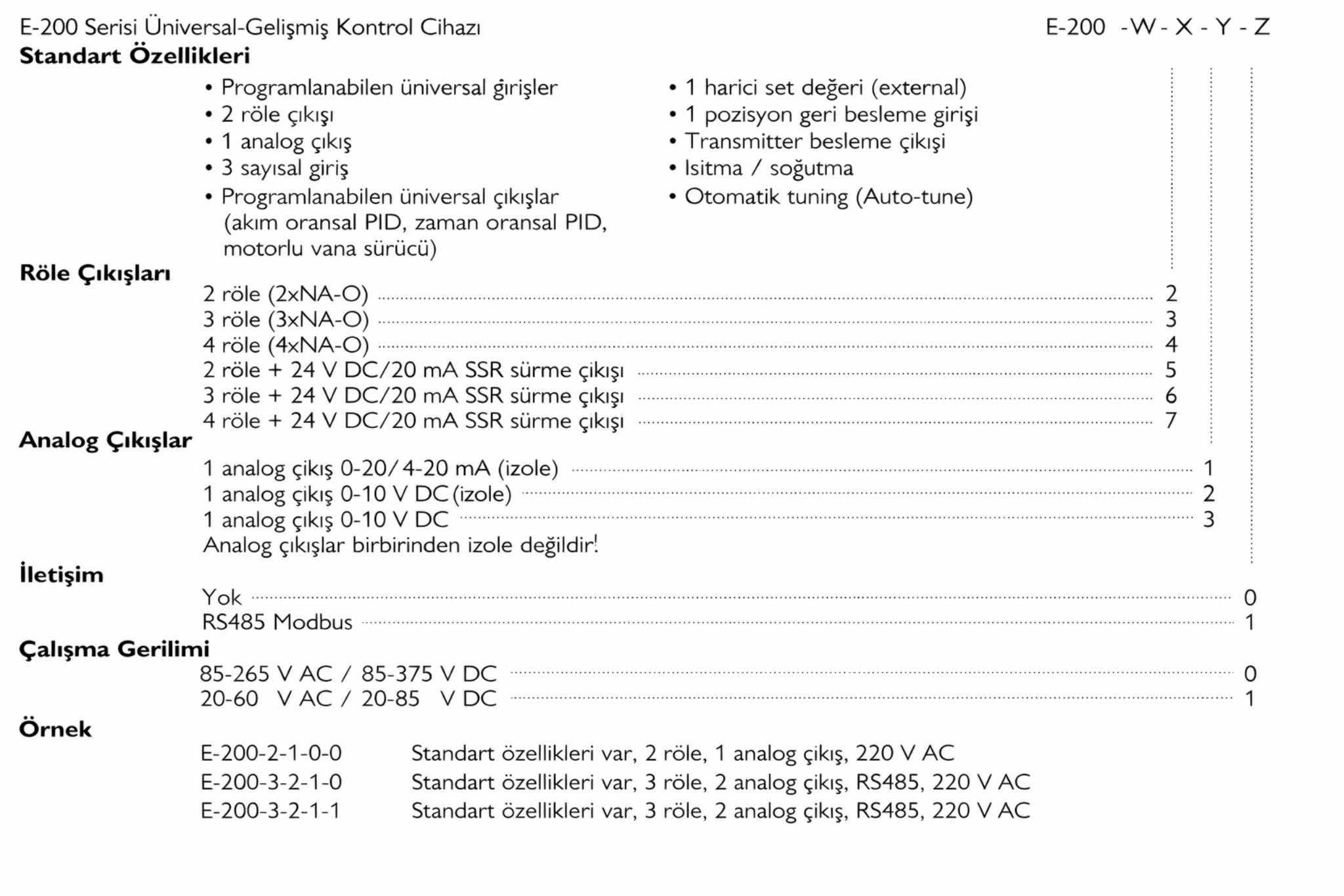Elimko E200 seçim tablosu