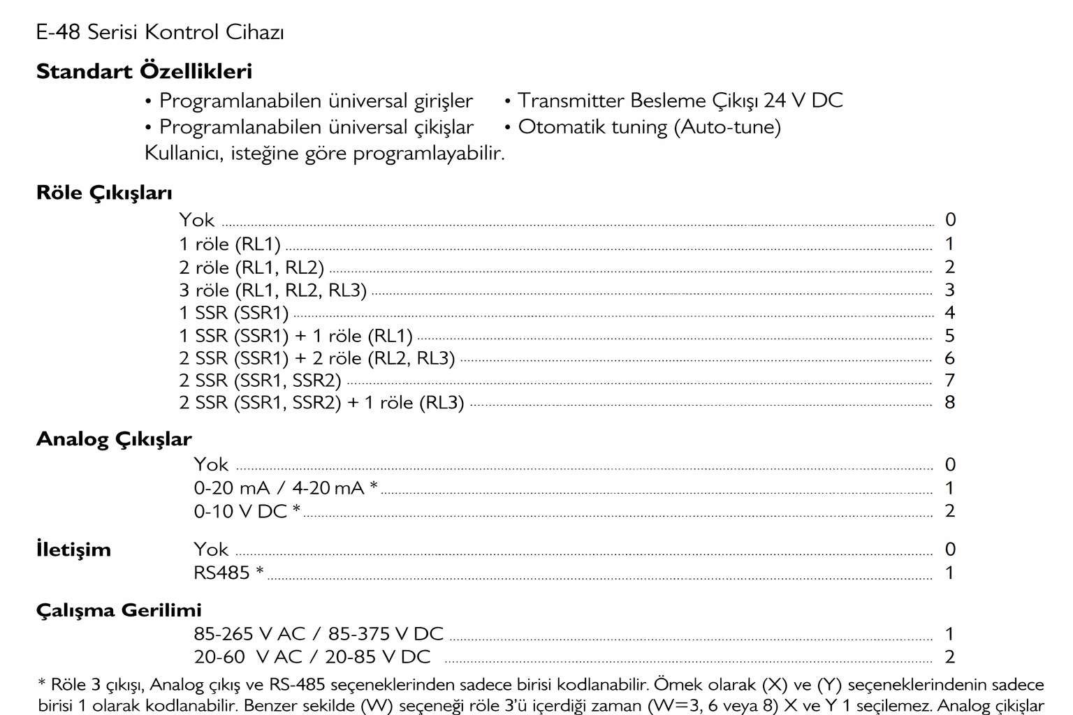 Elimko E48 seçim tablosu