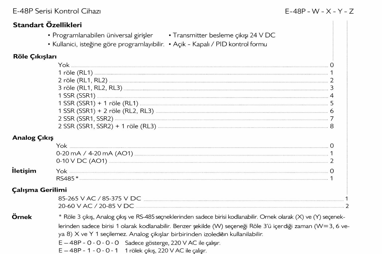 Elimko E48P seçim tablosu