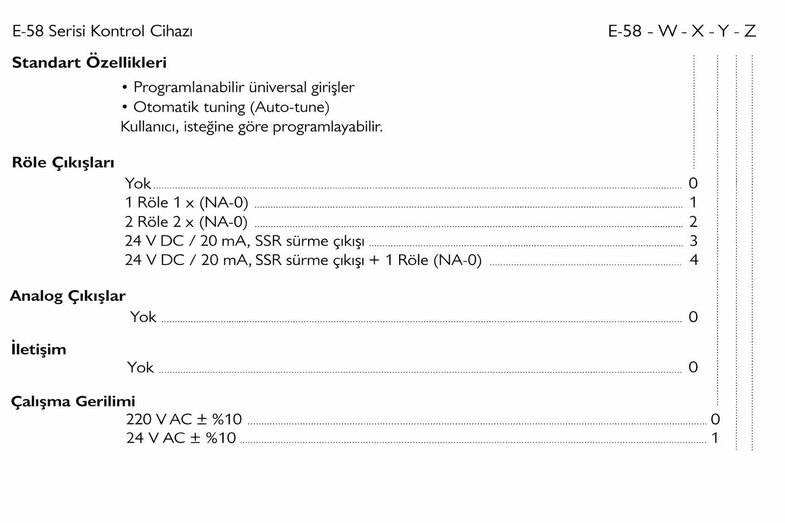 Elimko E58 seçim tablosu