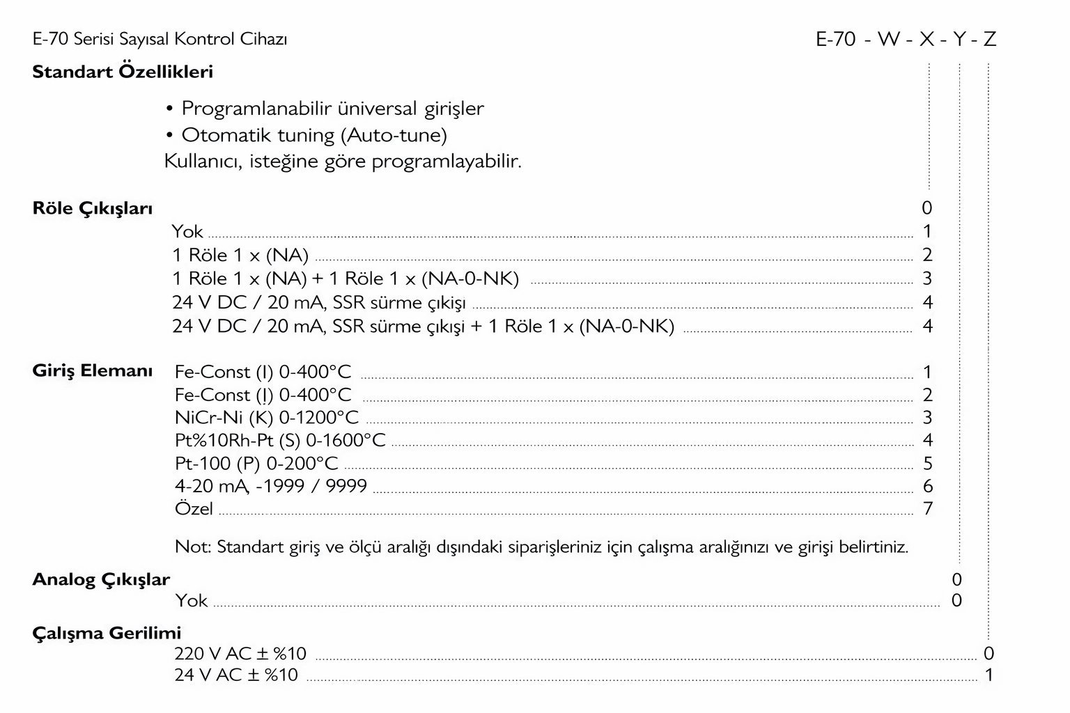 Elimko E70 seçim tablosu