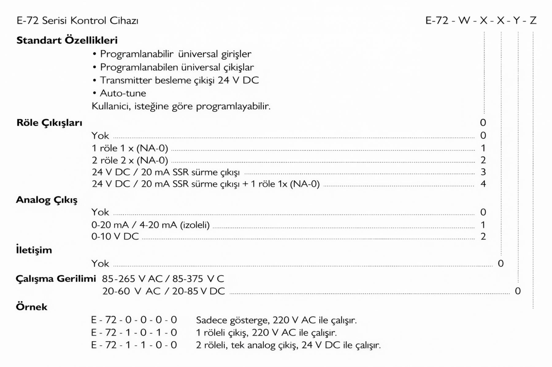 Elimko E72 seçim tablosu