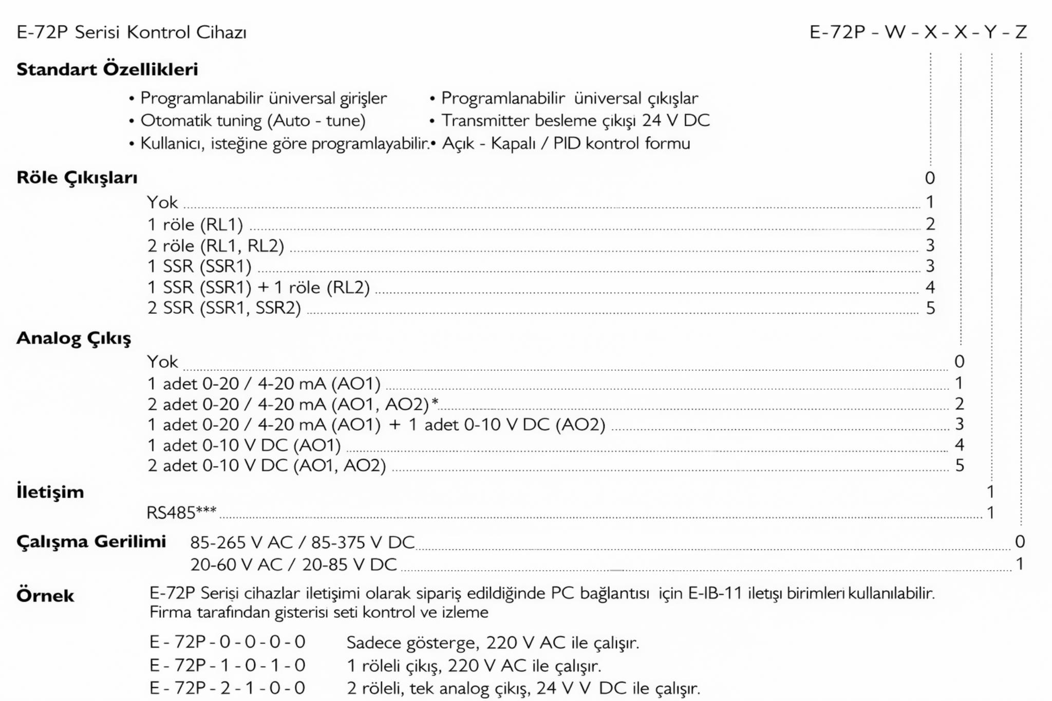 Elimko E72P seçim tablosu