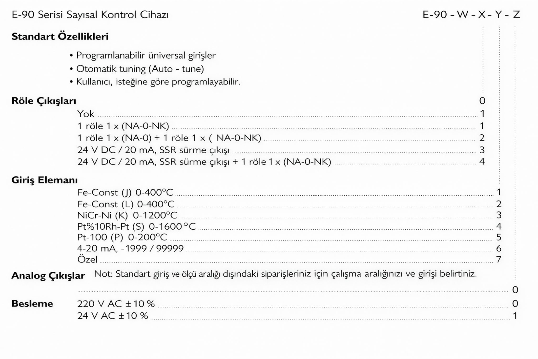 Elimko E90 seçim tablosu