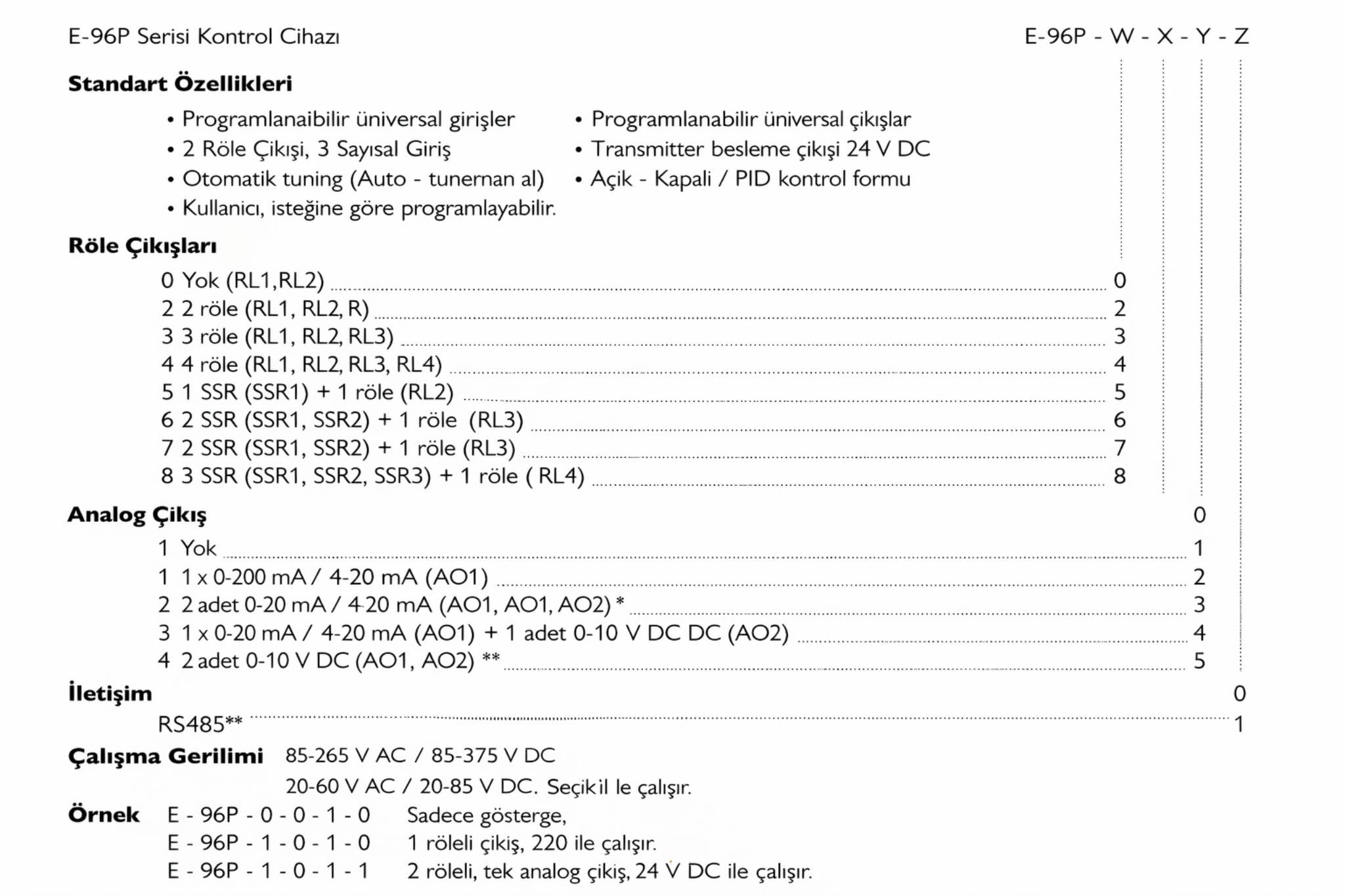 Elimko E96P seçim tablosu
